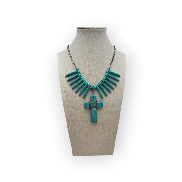 Turquoise Spike Bead & Cross Pendant Necklace – Southwestern Boho Chic Statement - Picture 4 of 9